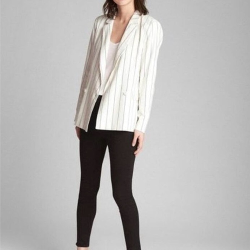 Gap Girlfriend Linen Blend Striped White Navy Blazer Size 10 Tall